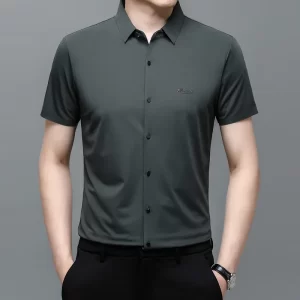 Camisa masculina, manga curta,  gola virada para baixo, tops soltos, sem engomar, sem costura, respirável, negócio, casual, high-end, moda.
