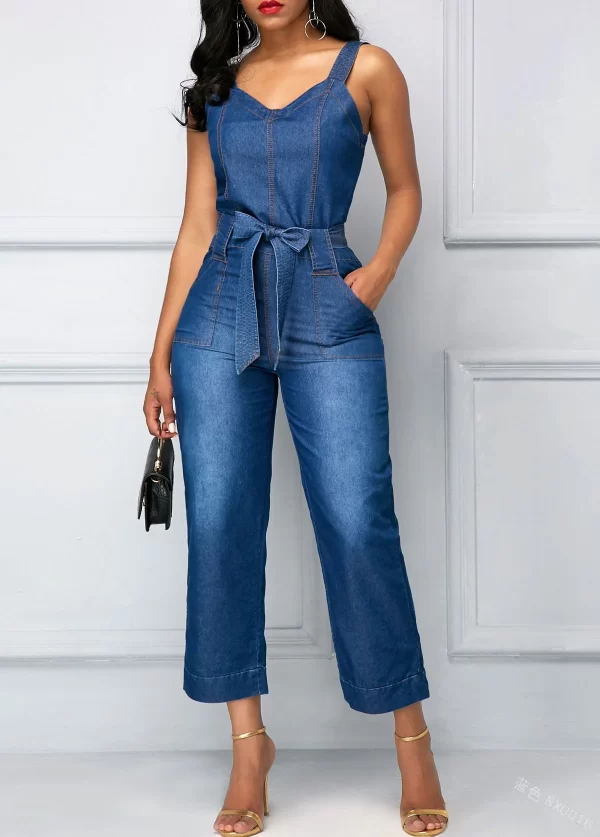 Macacão jeans feminino, slim fit, fosco, cinto branco, reto, pendulares, moda casual. - Image 8