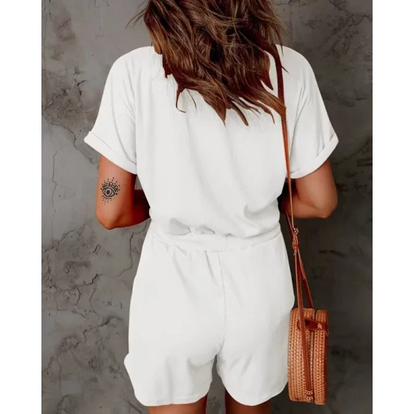 Macacão com bolsos feminino, com bolsos, decote em v, manga curta, shorts casuais, calça jogger, verão. - Image 2