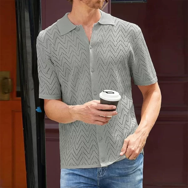 Camisa masculina, manga curta, de malha oca casual respirável, lapela abotoada, de praia, primavera, verão, cor sólida. - Image 4