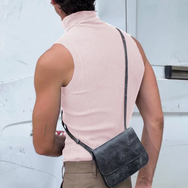 Camiseta regata masculina, Colete de gola alta vintage com nervuras, tops finos sem mangas, casuais, monocromáticas, primavera, verão - Image 4
