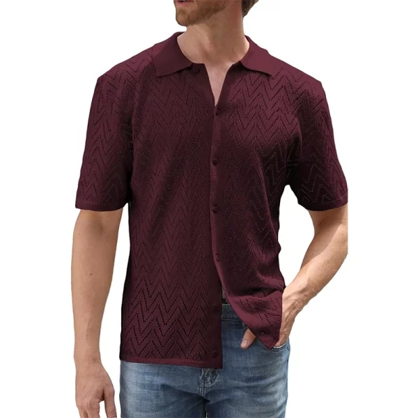 Camisa masculina, manga curta, de malha oca casual respirável, lapela abotoada, de praia, primavera, verão, cor sólida. - Image 9