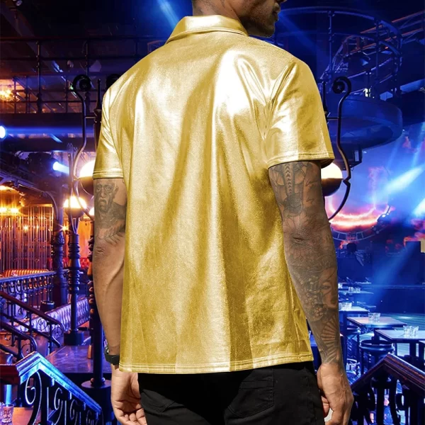 Camisa masculina, manga curta com botão e lapela brilhante, tops monocromáticos, de boate, moda festa, verão. - Image 4