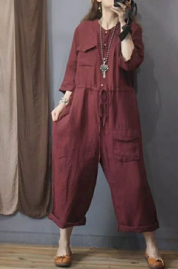 Macacão de linho de algodão grande feminino, de manga comprida, roupa única, calça de cintura alta, roupas. - Image 7
