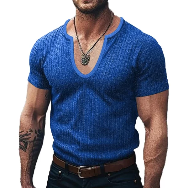 Camiseta masculina manga curta, respirável, casual, pulôver fino sólido,  com decote em U, roupa de verão, novo estilo, moda. - Image 2
