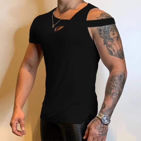 Camiseta regata masculina, pulôver sem mangas oco irregular, streetwear, camisas grandes, top sólido, moda festa, verão, nova chegada. - Image 6