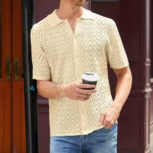 Camisa masculina, manga curta, de malha oca casual respirável, lapela abotoada, de praia, primavera, verão, cor sólida.