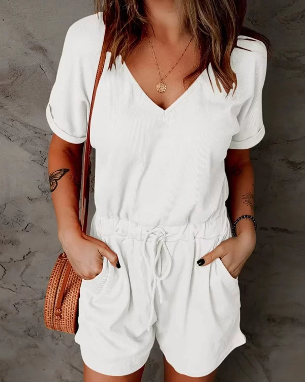 Macacão com bolsos feminino, com bolsos, decote em v, manga curta, shorts casuais, calça jogger, verão. - Image 10