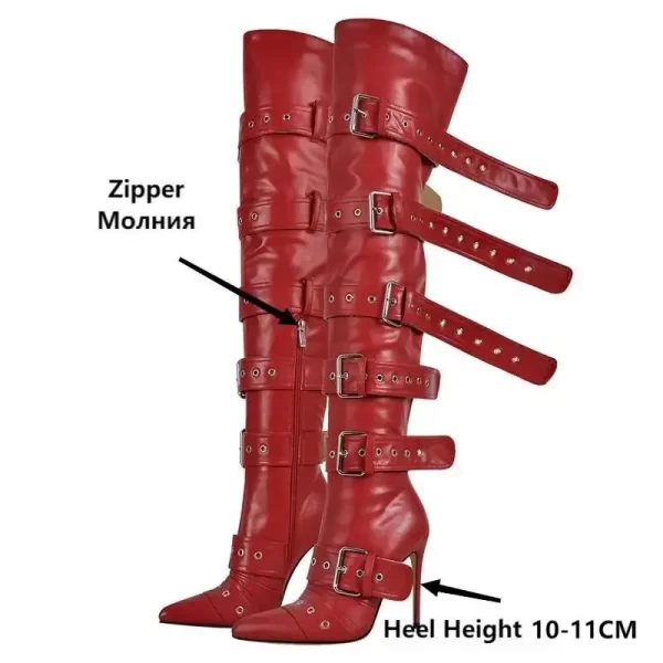 Botas vermelhas sobre o joelho unissex, lgbtqia+, botas agulha alta para coxa, dedo apontado, alça de fivela, salto alto fino, zíper. - Image 2