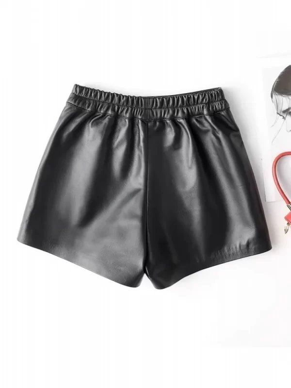 Shorts feminino de couro genuíno, pele de carneiro, cintura alta, perna larga, elástico, casual, preto, moda primavera - Image 3