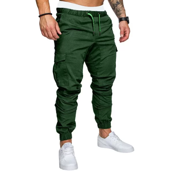 Calça masculina tecida multibolso de cor sólida, slim fit, moda casual, esportes de rua, roupa de corrida, primavera e outono
