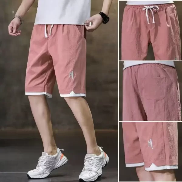 Bermuda masculina,  de bolso, de seda gelo clássico, fino, solto, cordão para cintura, moda casual, verão. - Image 5