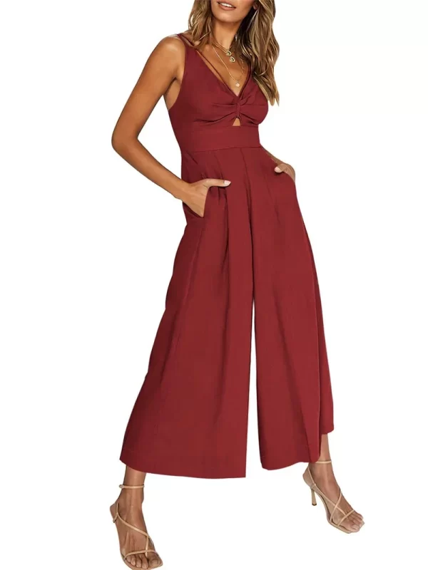 Macacão de cintura alta com decote em v feminino, sem costas, oco, sem mangas, elegante, perna larga, sexy, novo. - Image 7