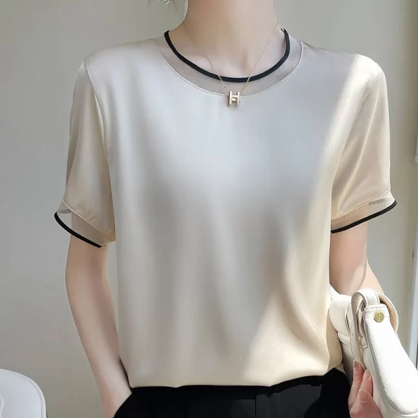 Camiseta manga curta feminina, verão nova, em torno do pescoço pulôver moda malha de cetim na altura do joelho saia cor sólida fina. - Image 5
