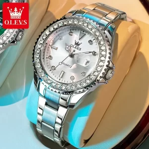 Relógio de pulso feminino, OLEVS Original Diamond Dial Quartz Watch, Moda Elegante,  De Aço Inoxidável À Prova D 'Água.
