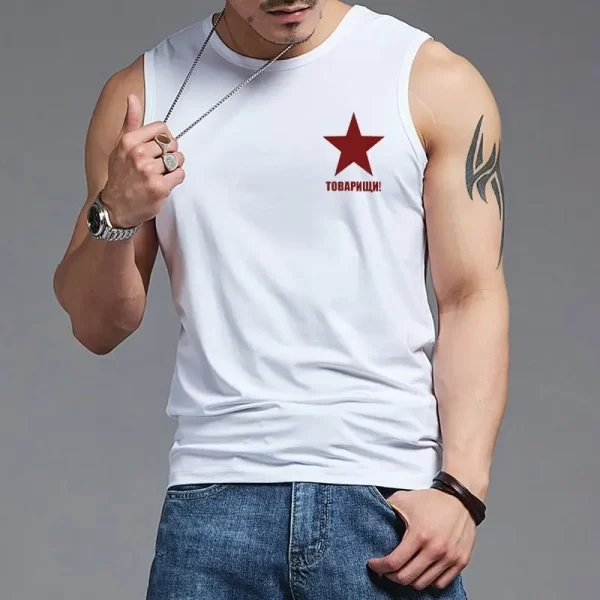 Camiseta regata maculina esportiva de algodão, respirável, secagem rápida, gola redonda, estampa de estrela de cinco pontas, colete sem mangas, moda verão. - Image 6
