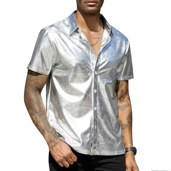 Camisa masculina, manga curta com botão e lapela brilhante, tops monocromáticos, de boate, moda festa, verão. - Image 9