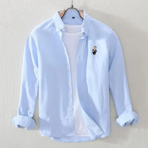Camisa masculina, manga longa, Alta Qualidade 100% Algodão Japonês, Cor Sólida Casual, Pouco Urso Bordado Camisa Fit GZ10. - Image 7