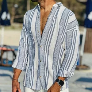 Camisa masculina com estampa listrada vintage, manga longa, com lapela abotoada, extragrande, tops soltos da moda, casual, primavera.