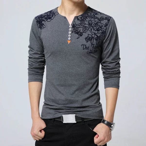 Camiseta manga longa masculina, com estampa floral, colar Henry, botão decora, tops masculinos, plus size, 5XL, moda outono. - Image 5