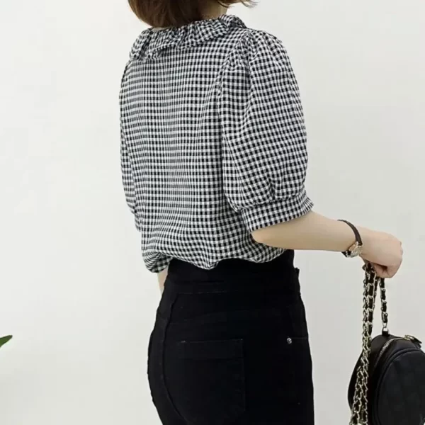 Camisa feminina manga curta xadrez preta xadrez preta, tops,  elegantes, bonita. - Image 5