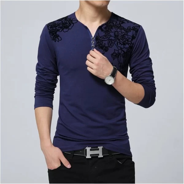 Camiseta manga longa masculina, com estampa floral, colar Henry, botão decora, tops masculinos, plus size, 5XL, moda outono. - Image 7