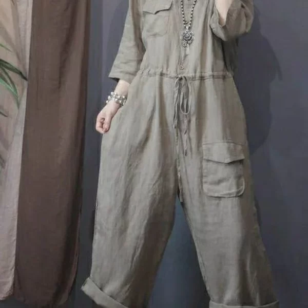 Macacão de linho de algodão grande feminino, de manga comprida, roupa única, calça de cintura alta, roupas. - Image 9