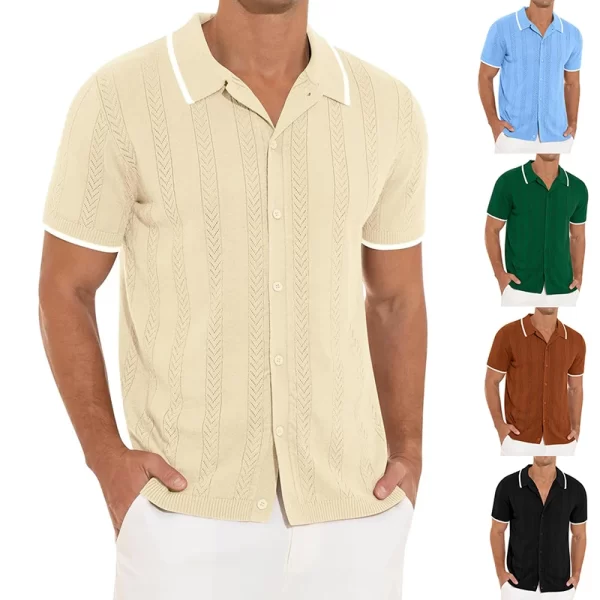 Camisa masculina, manga curta, de malha de lapela de botão, cardigans vintage retalhados, respirável, oca, casual, praia, verão. - Image 6