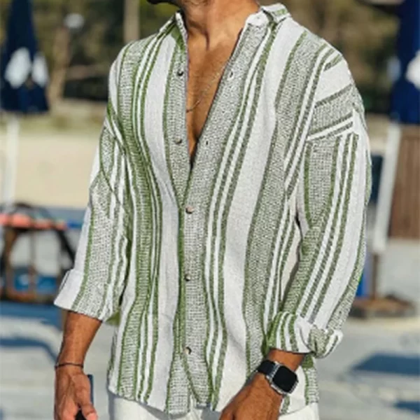 Camisa masculina com estampa listrada vintage, manga longa, com lapela abotoada, extragrande, tops soltos da moda, casual, primavera. - Image 2