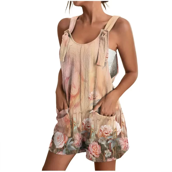 Macacão sem mangas com gola O multicolorido feminino,  casual com bolsos, de verão, shorts, macacões, novo. - Image 8
