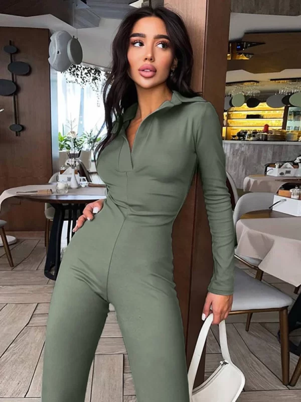 Macacão feminino, Sibybo, com gola virada para baixo, manga comprida, pernas largas, streetwear,  de lapela, moda inverno. - Image 8