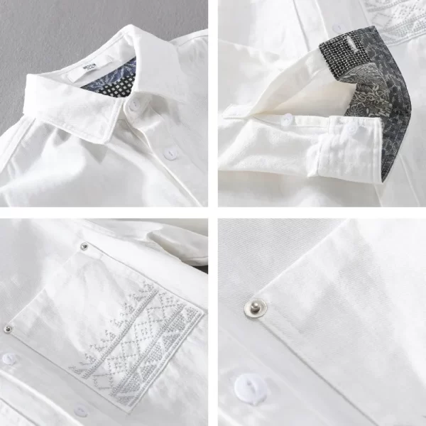 Camisa masculina, manga longa, retrô estampadas em patchwork, bolso, 100% algodão, casuais de negócios, soltas, tops novos de moda, primavera e verão. - Image 6