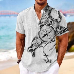 Camisa masculina, manga curta, Henley, roupas gráficas 3D Great Voyage, moda estilista, streetwear havaiano, tops de verão.