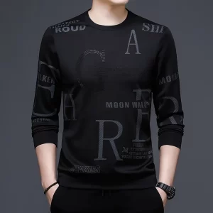 Camiseta manga longa masculina, BROWON Primavera Outono, Preto, O-pescoço Collar Moda Tendência Carta Impressão Slim T-shirt Street Wear.