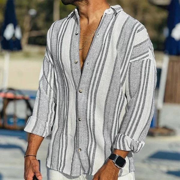 Camisa masculina com estampa listrada vintage, manga longa, com lapela abotoada, extragrande, tops soltos da moda, casual, primavera. - Image 3