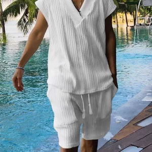 Conjunto de duas peças(shots e camisa) jacquard vintage masculino, manga curta, tricotados com gola v, roupas de malha, moda primavera e verão.
