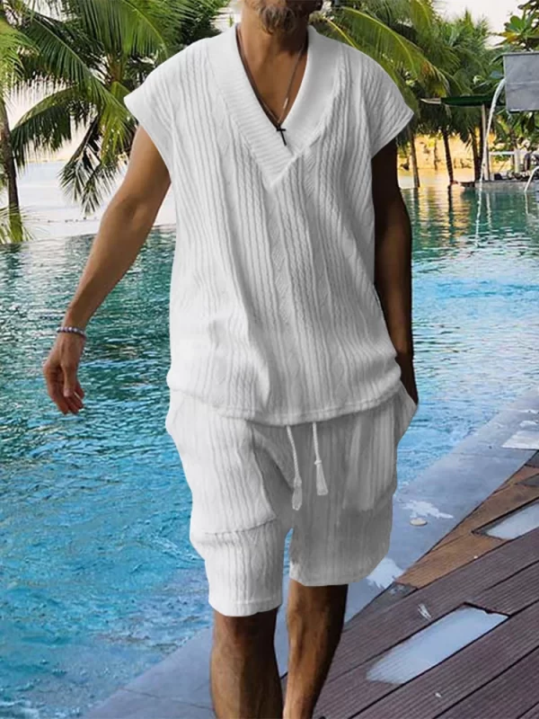 Conjunto de duas peças(shots e camisa) jacquard vintage masculino, manga curta, tricotados com gola v, roupas de malha, moda primavera e verão.