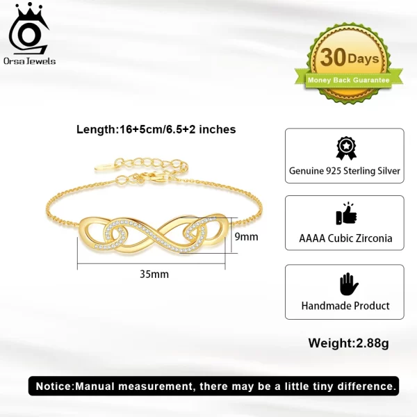 Pulseira infinita feminina, Orsa Jewels, Ouro 14K, Prata Esterlina 925, Símbolo de Amor Infinito, Joia Ajustável, SB179 - Image 2