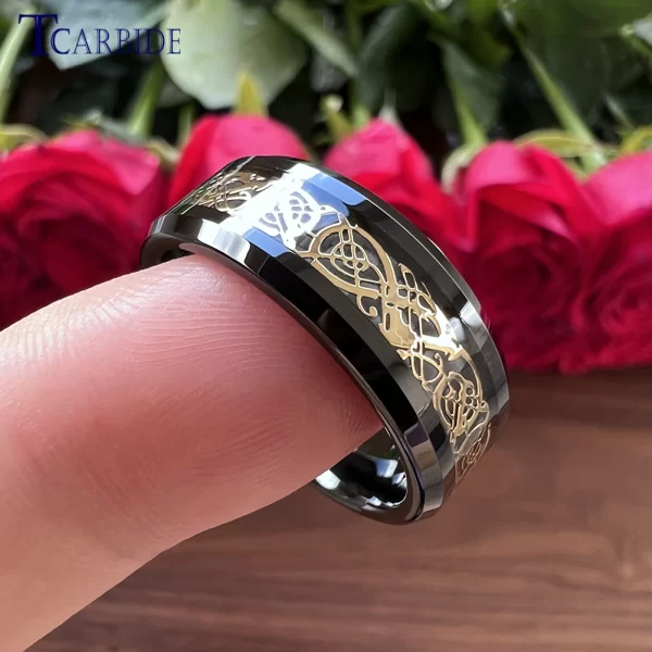 Anel De Noivado De Tungstênio unissex, Banda De Casamento, Base De Fibra De Carbono, Incrustação De Dragão, Nice Gift, Jóias, Comfort Fit, 8mm. - Image 4