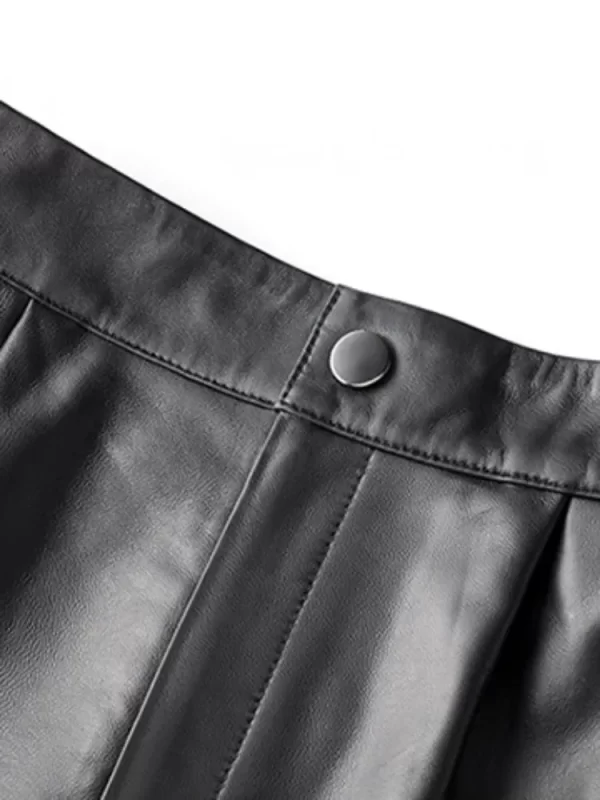 Shorts feminino de couro genuíno, pele de carneiro, cintura alta, perna larga, elástico, casual, preto, moda primavera - Image 5
