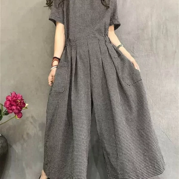 Macacão de linho de algodão feminino, de manga curta, roupa única com renda, cintura alta, calça de perna larga. - Image 2