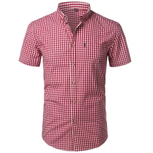Camisa masculina, manga curta,  xadrez pequenas vermelhas, de algodão, com botão, casual, verão.