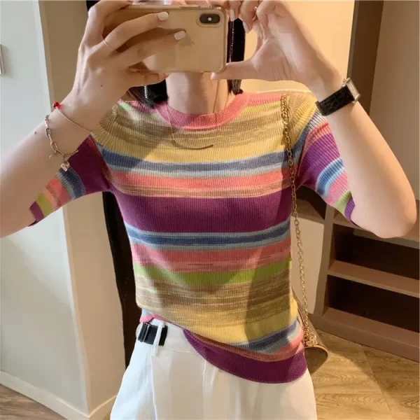 Camiseta, Pulôver de malha listrada feminino, camisola moderna, tops de crochê, em promoção, tendência, novo. - Image 10