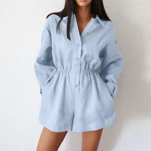 Macacão curto de algodão feminino, gola virada para baixo, de botão, manga comprida, de bolso, monocromático, casual e simples, outono e primavera.
