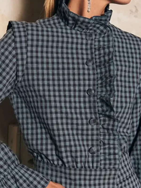 Macacão xadrez, elegante, feminino, de babados, manga longa, meia gola alta, camisa de peito único, calça reta, bolso. - Image 6