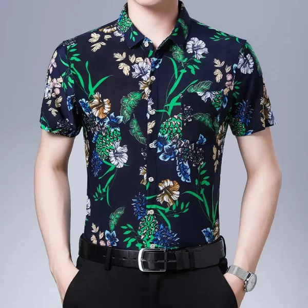 Camisa masculina, manga curta, Streetwear, Camisas Floral Pretas Y2k Verão Secagem Rápida Nuvem Sorte Novo Feriado Casual Lapela Loose Top. - Image 4