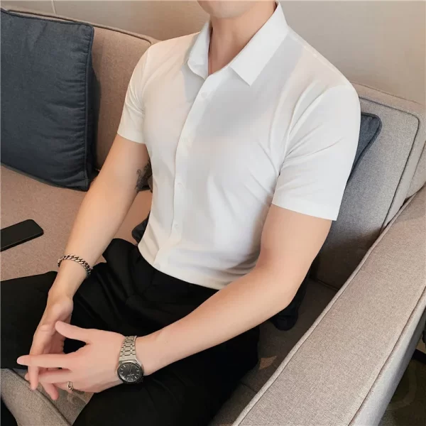 Camisa masculina, manga curta,  casual, alta elasticidade, sem costura, luxo, negócio, vestido formal, social, alta qualidade. - Image 9