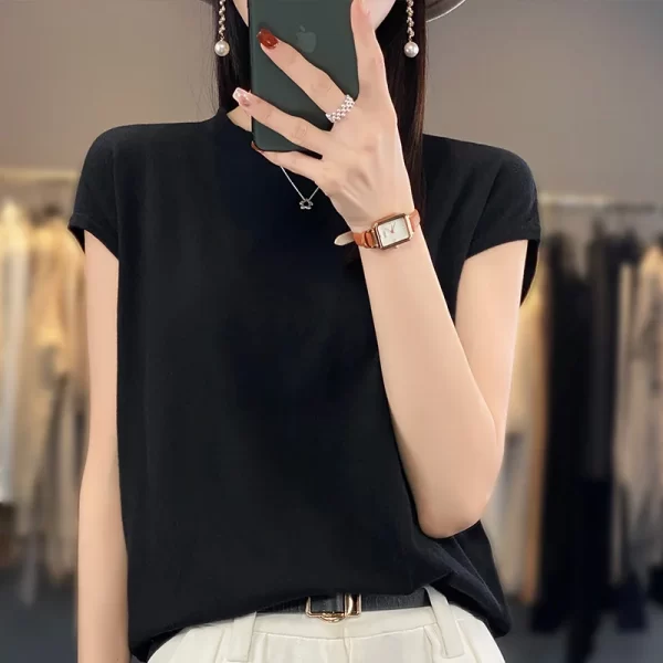 Camiseta feminina de malha de seda gelo manga curta, pulôver gola redonda, regata fina sem mangas, parte inferior casual solta - Image 12