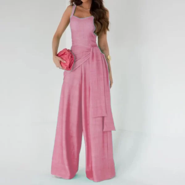 Macacão longo com cadarço de cintura feminino, elegante sem mangas, monocromático de festa,  casual solto, moda, verão. - Image 7