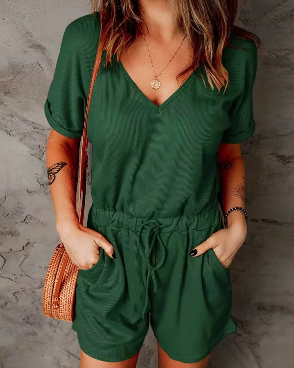 Macacão com bolsos feminino, com bolsos, decote em v, manga curta, shorts casuais, calça jogger, verão. - Image 8
